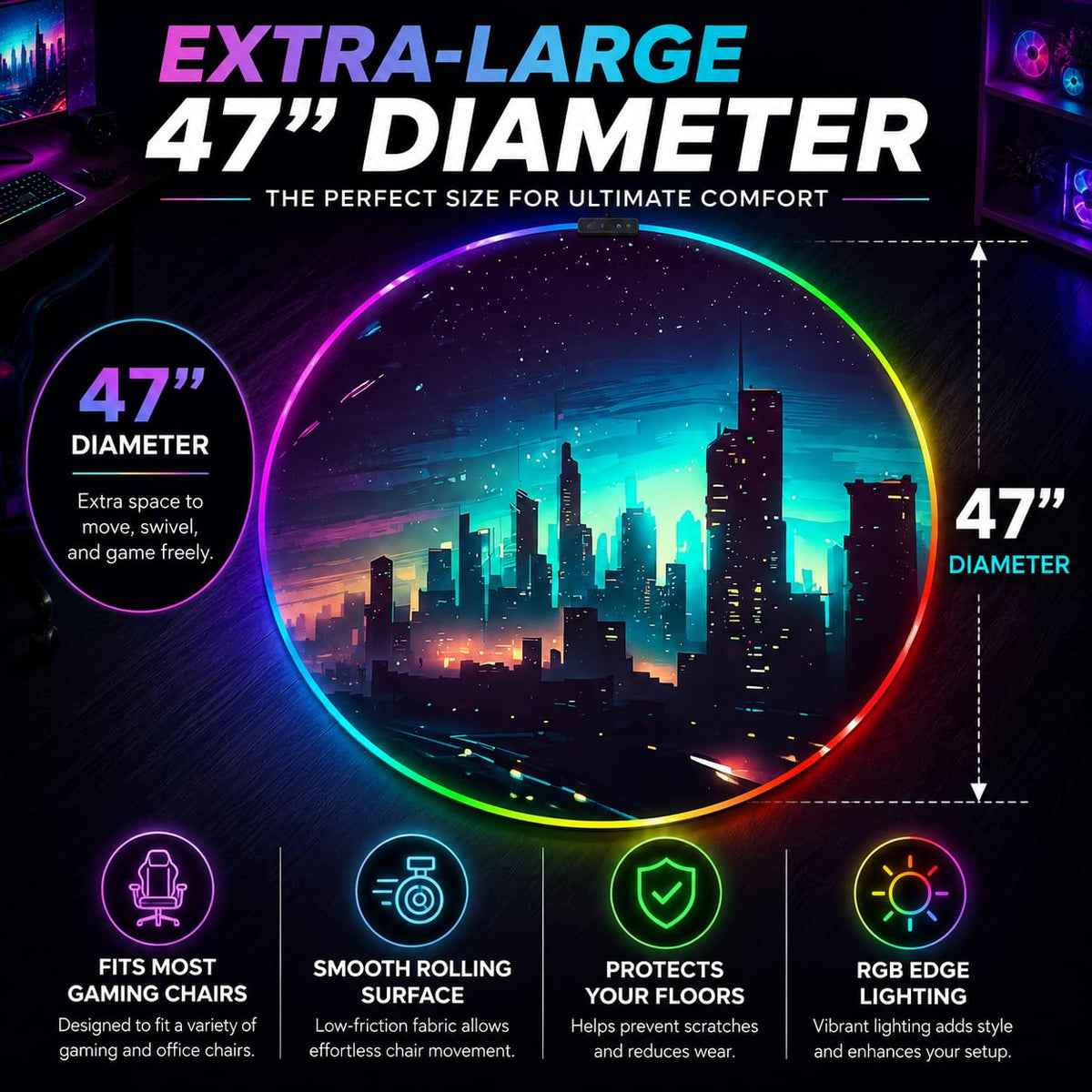 RGB Gaming Chair Mat – 47" Round