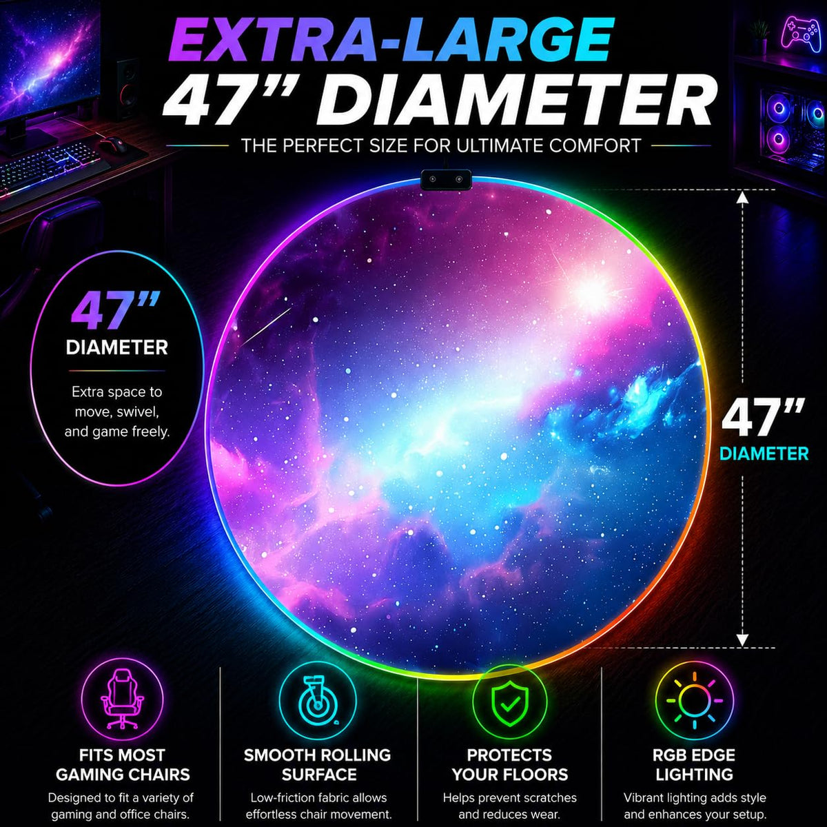 RGB Gaming Chair Mat – 47" Round