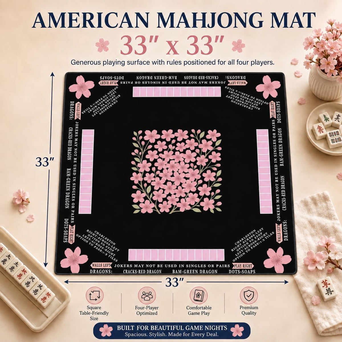 American Mahjong Mat with Printed Rules – 33" × 33"