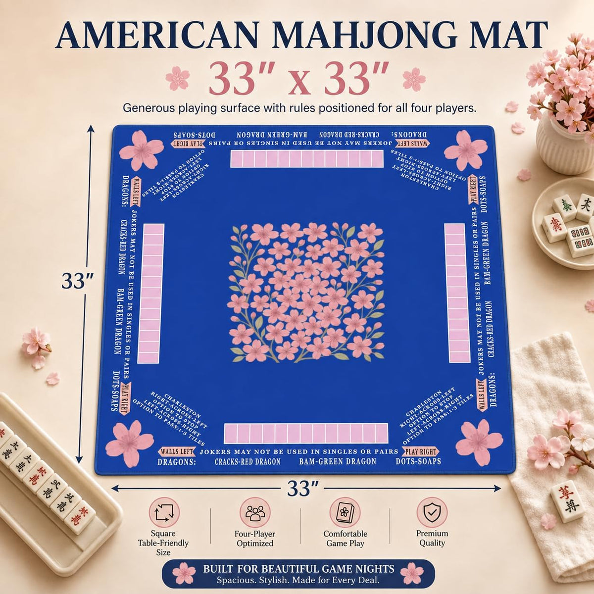 American Mahjong Mat with Printed Rules – 33" × 33"