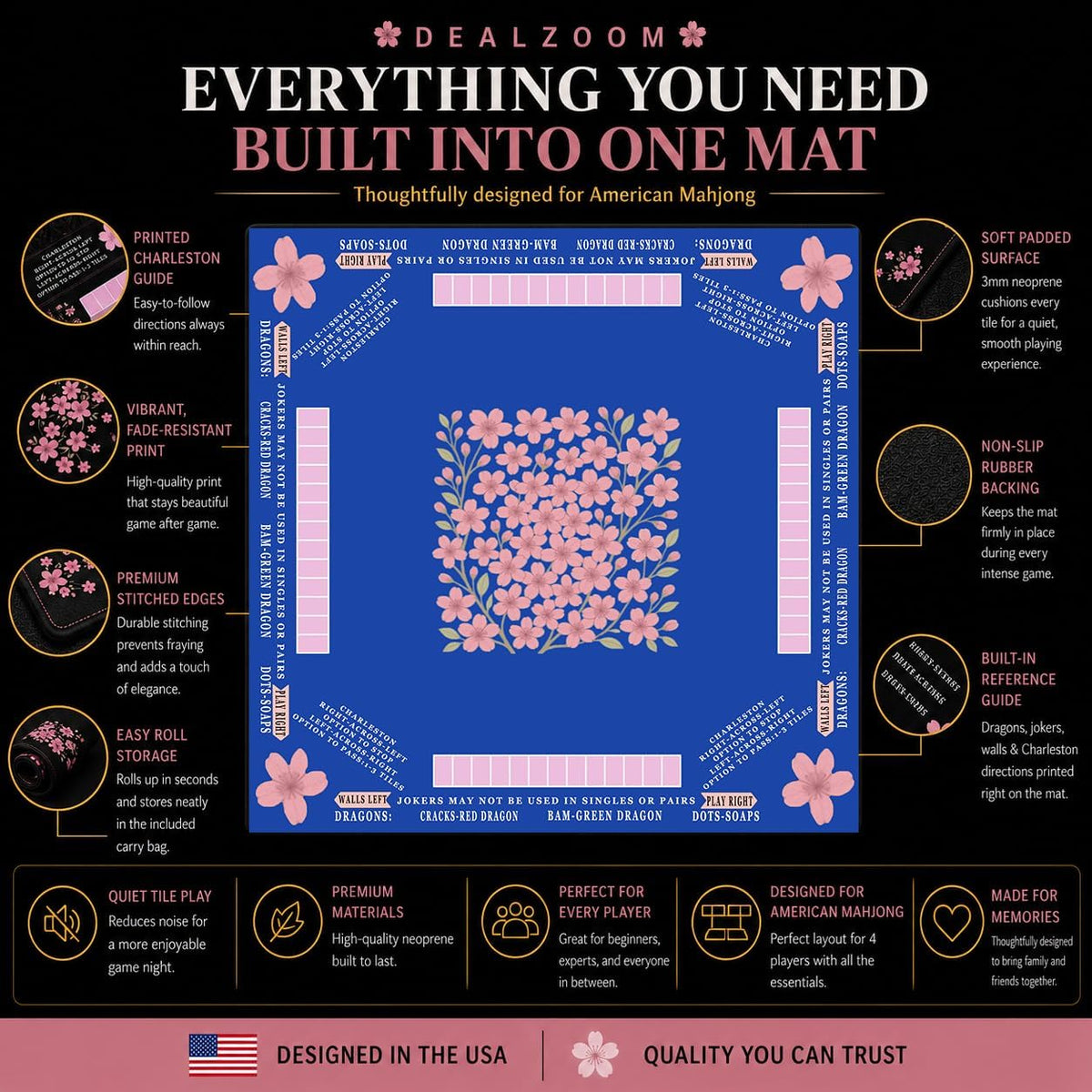 American Mahjong Mat with Printed Rules – 33" × 33"