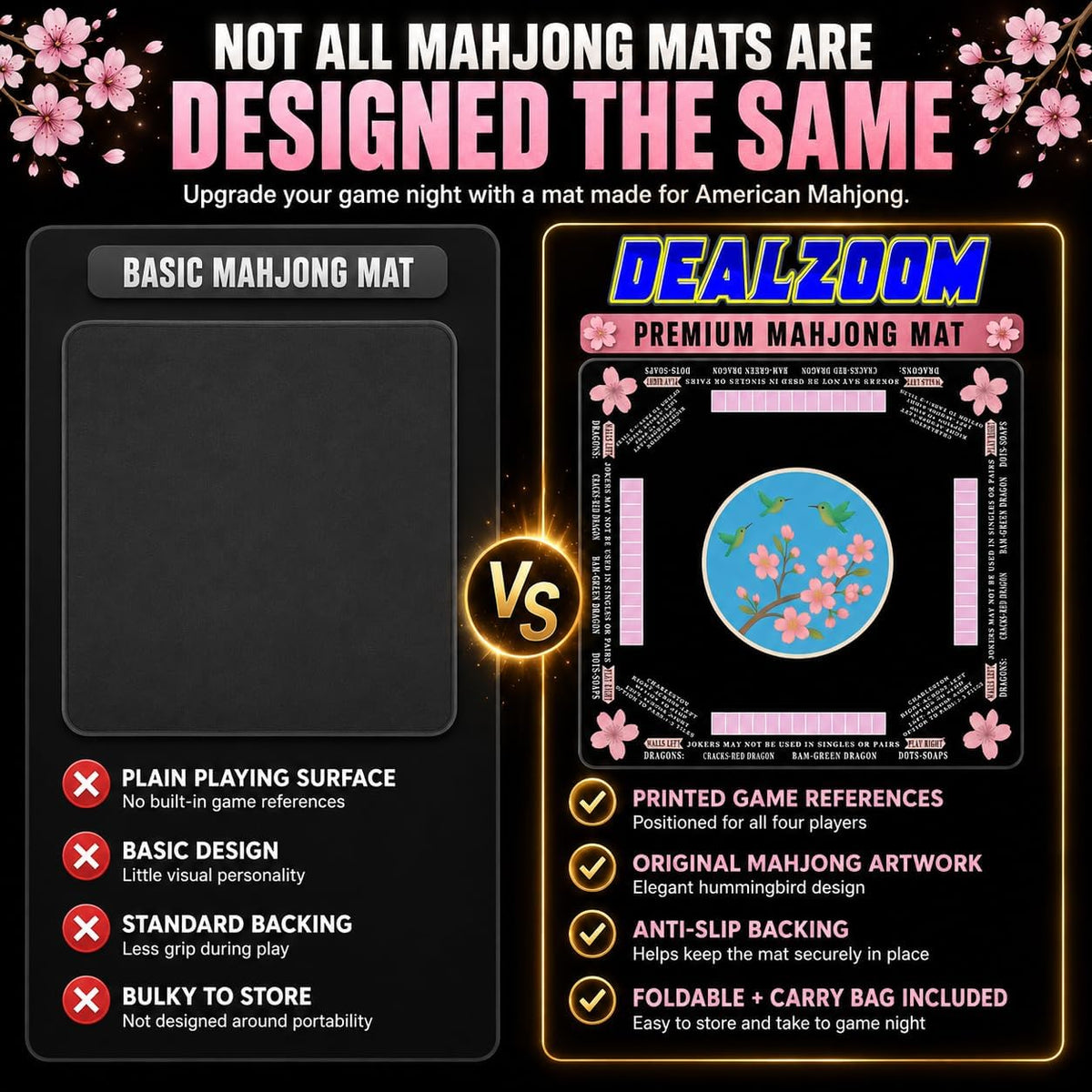 American Mahjong Mat with Printed Rules – 33" × 33"