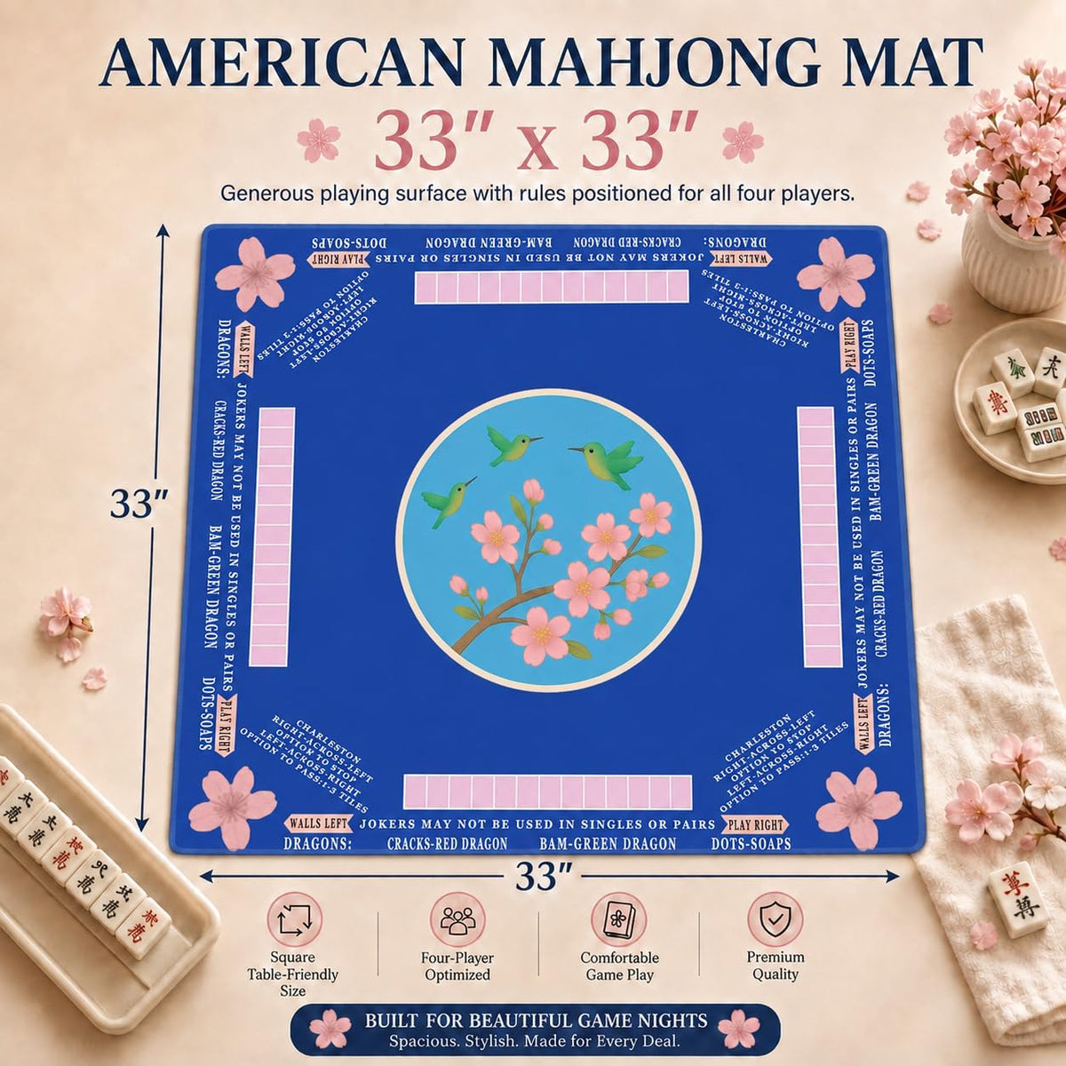 American Mahjong Mat with Printed Rules – 33" × 33"