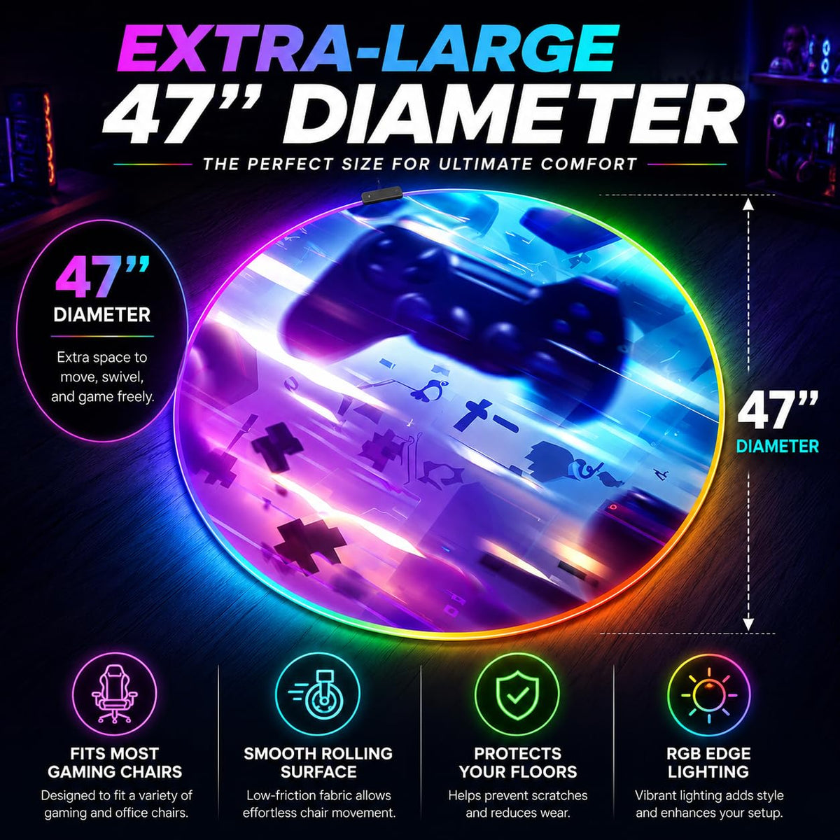 RGB Gaming Chair Mat – 47" Round