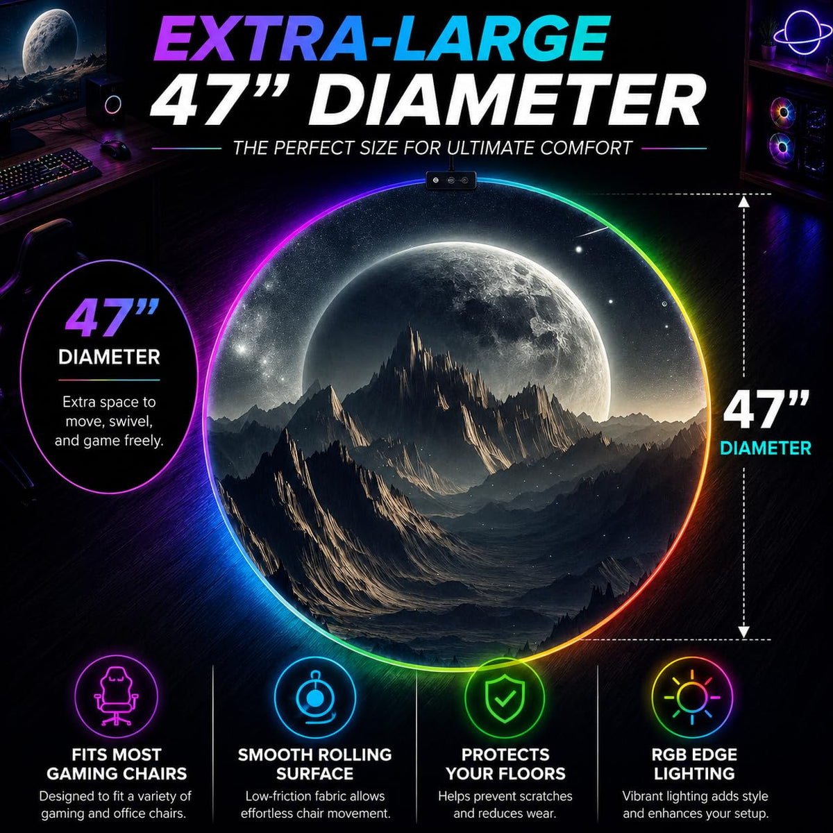 RGB Gaming Chair Mat – 47" Round