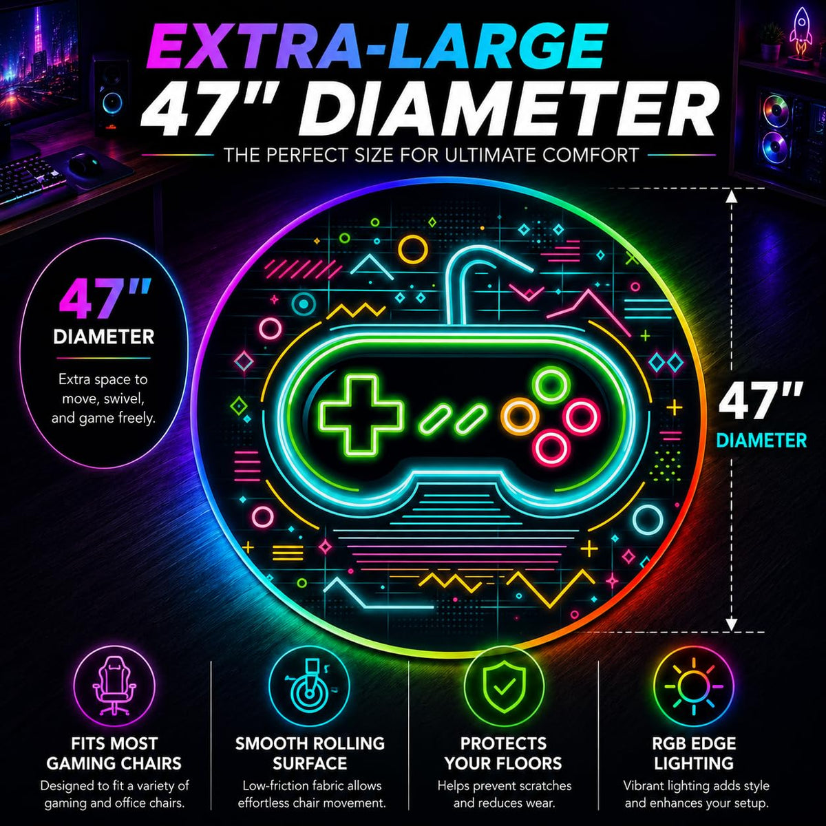 RGB Gaming Chair Mat – 47" Round